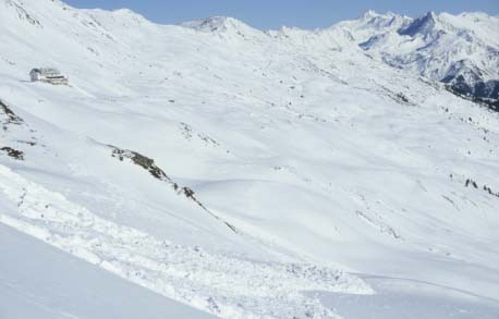 Day 1.  Released avalanche near Sidanjoch (D1-04).  Rastkogelhut in left corner of photo.